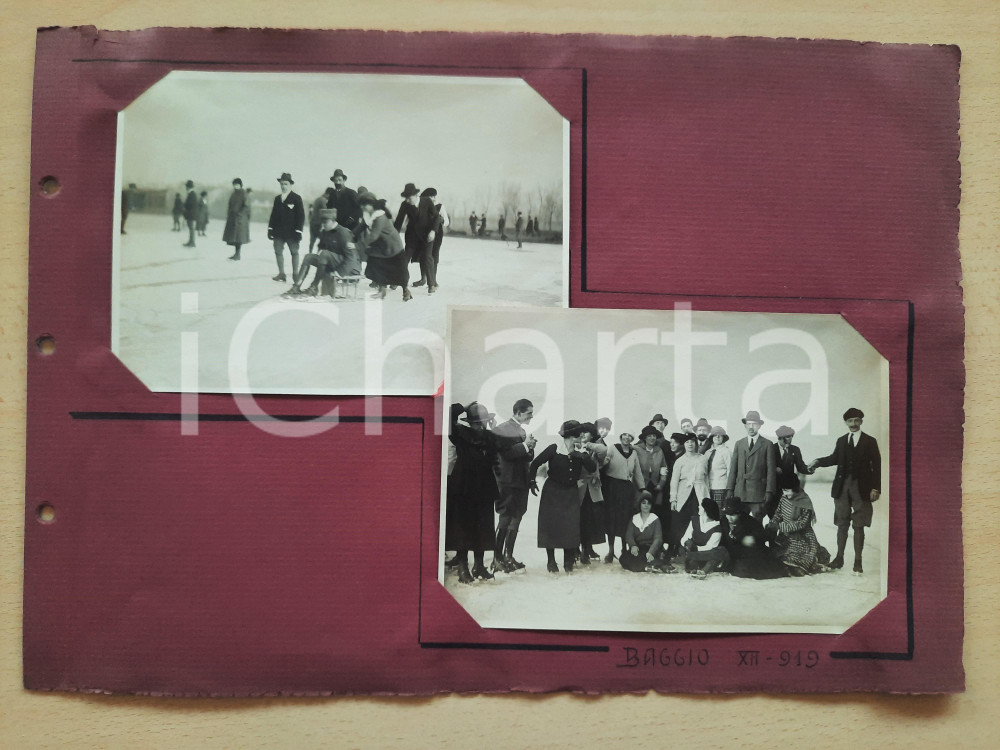 Fotografia d epoca originale 1919 MILANO BAGGIO Gruppo di amici al laghetto su pattini e slittino 2 foto 1