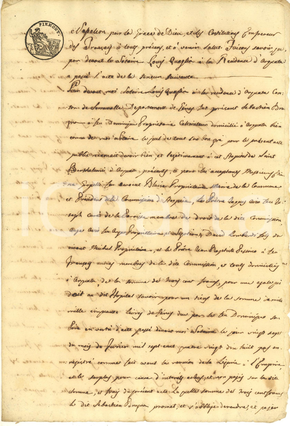 1808 ARQUATA SCRIVIA Debito di Sebastiano BRUGNA verso l'ospedale S. Bartolomeo