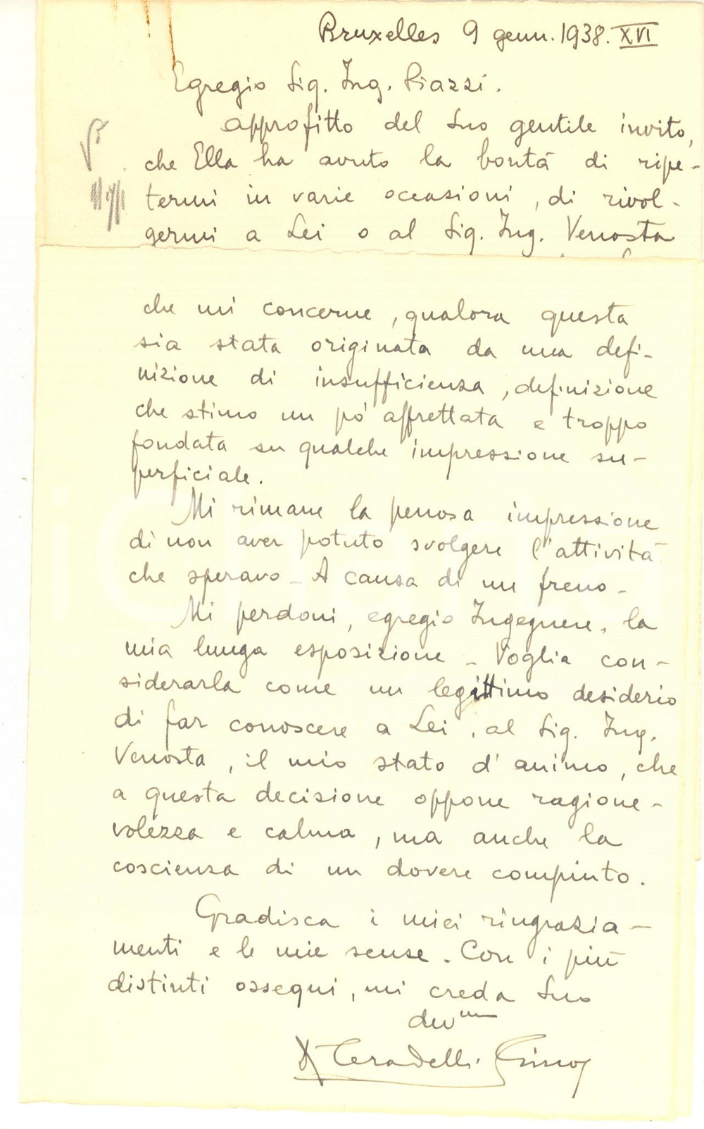 Autografo originale 1938 BRUXELLES Lettera Gino CERADELLI per restare alla SACICPIRELLI  AUTOGRAFO 1