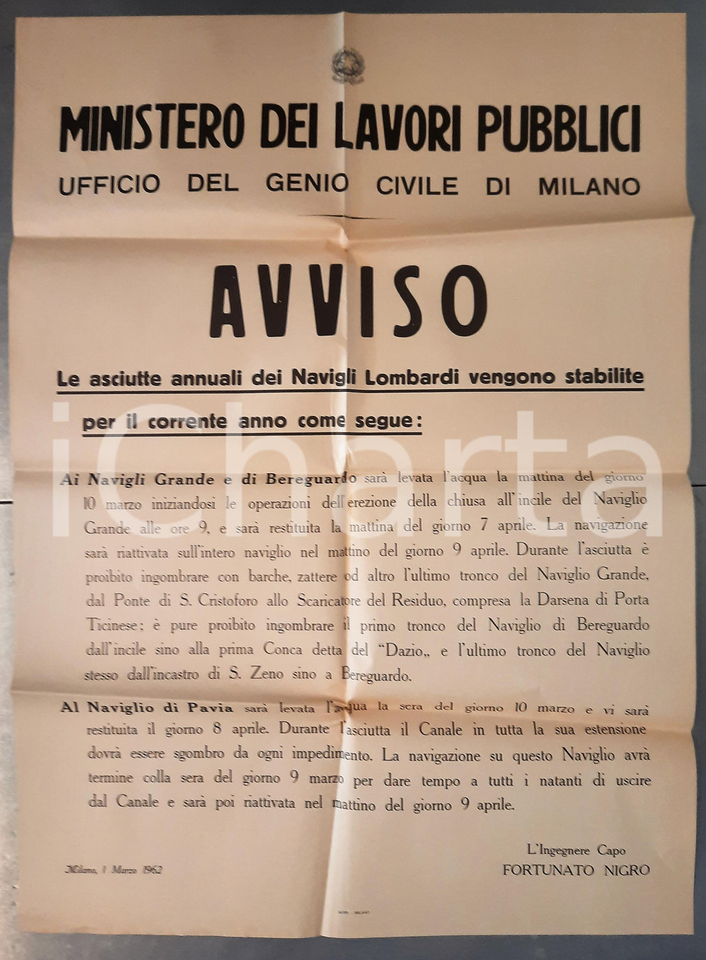 1962 MILANO Asciutte annuali dei Navigli Lombardi - Manifesto (1) Manifesto originale d'epoca, datato 1 Marzo 1962.   CONDIZIONI:FAIR/discreto piegature d'epocaFORMATO: 50x48 cm originale e autentica 1