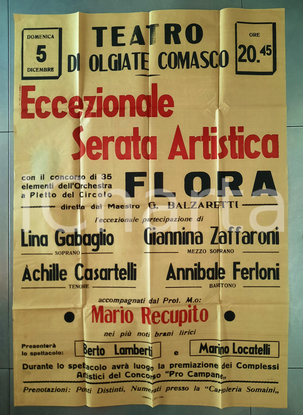 Materiale pubblicitario d’epoca 1950 ca Teatro OLGIATE COMASCO  Serata Artistica Circolo FLORA  Locandina 1