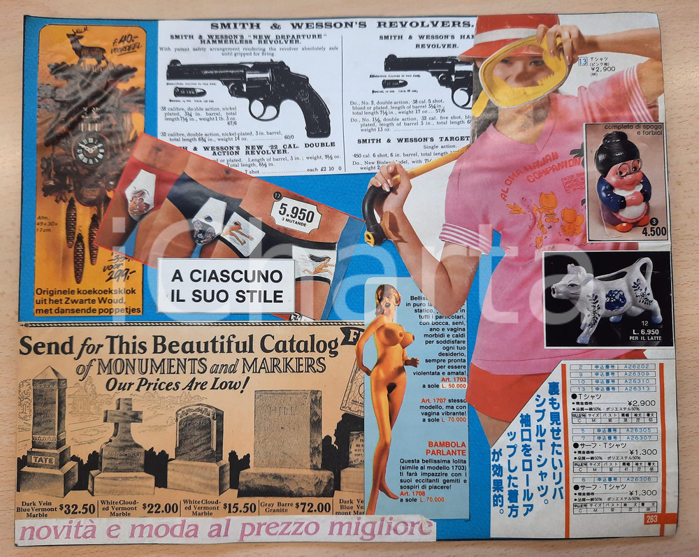 Stampa, bozzetto originale 1975 ca ITALIA  CULTURA POP  Collage CURIOSO armi erotismo 31x25 cm 1
