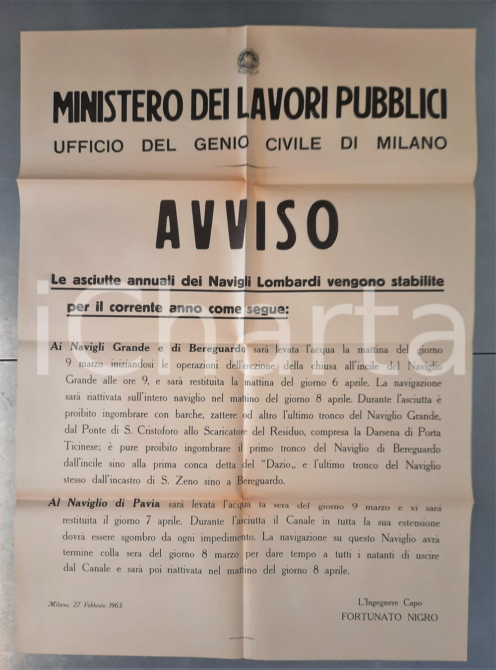 Documento originale, autentico 1963 MILANO Asciutte annuali dei Navigli Lombardi  Manifesto 50x70 cm 1