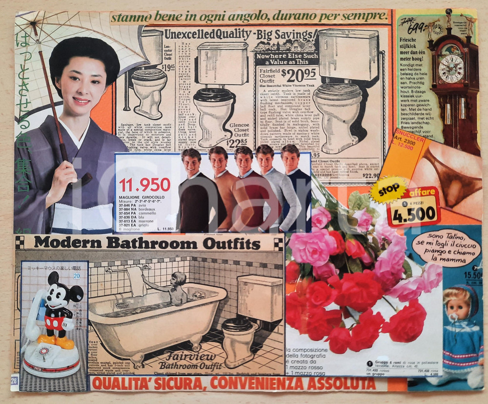 Stampa, bozzetto originale 1975 ca ITALIA  CULTURA POP  Collage CURIOSO da cataloghi 31x25 cm 1