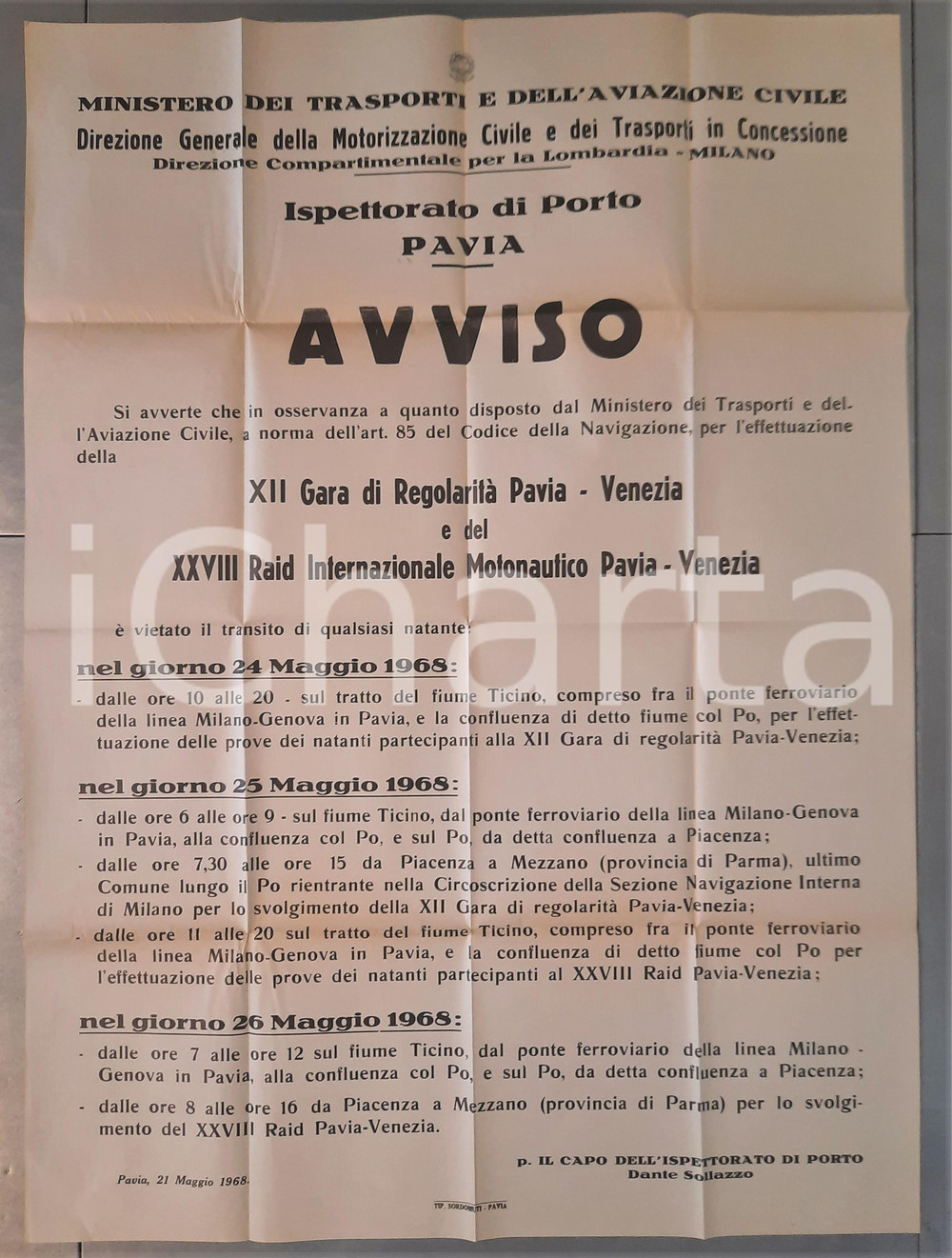 1968 PAVIA Ispettorato di Porto - Avviso Raid Motonautico PAVIA-VENEZIA 60x88 cm