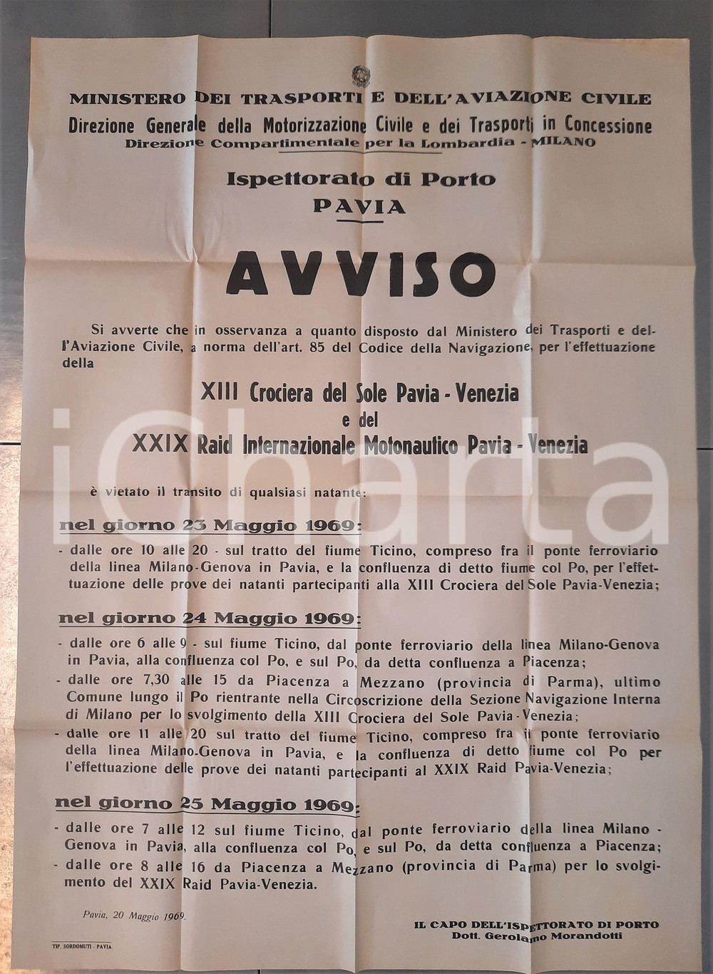 1969 PAVIA Ispettorato di Porto - Avviso Raid Motonautico PAVIA-VENEZIA 60x88 cm