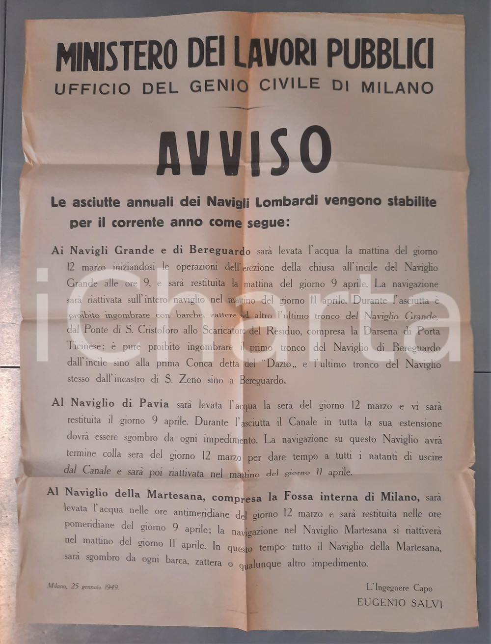 Documento originale, autentico 1949 MILANO Asciutte annuali dei Navigli Lombardi  Manifesto 50x68 cm 1