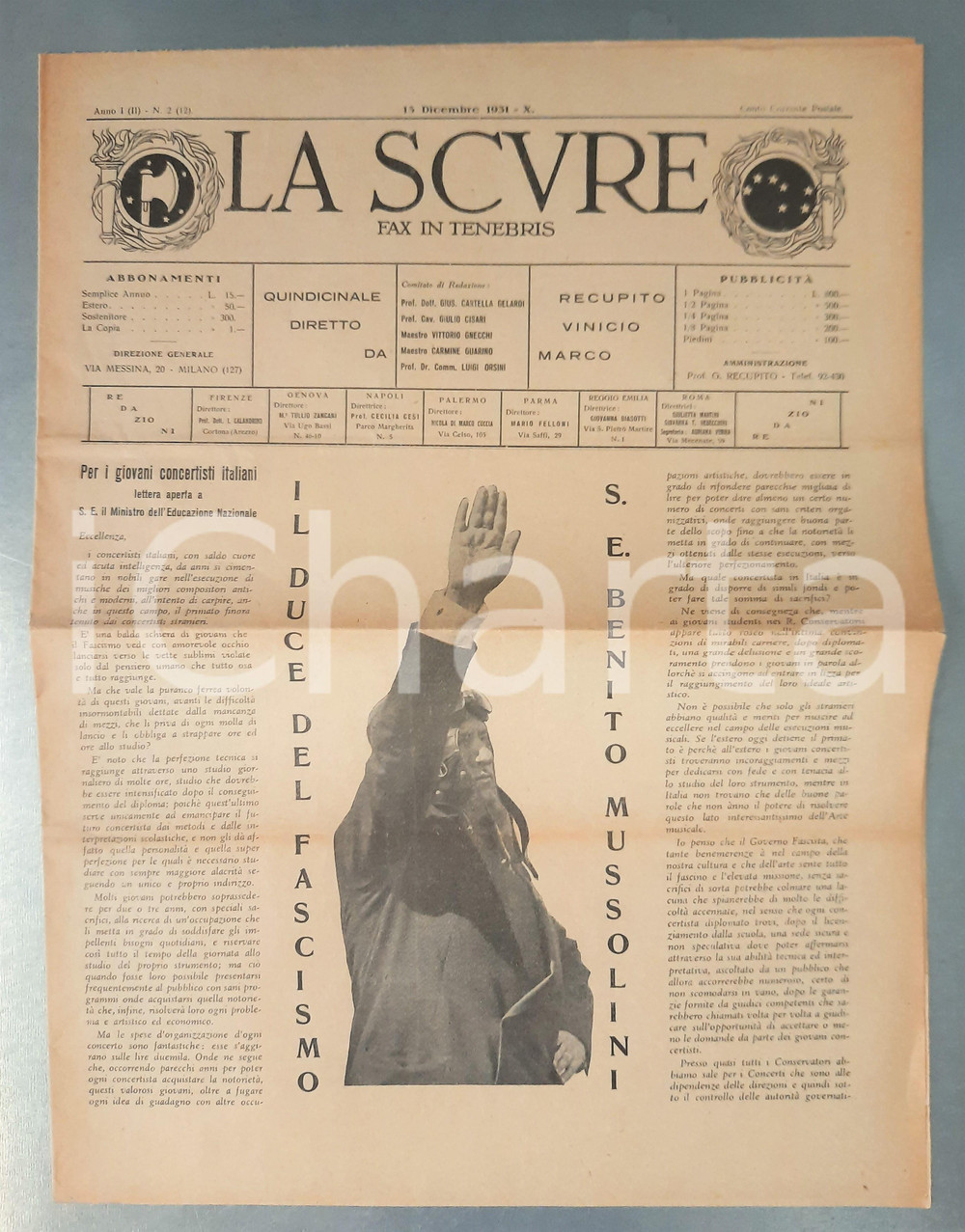 Giornale, rivista storica 1931 LA SCURE Pro giovani concertisti italiani  Mussolini duce Anno I nÂ° 2 1