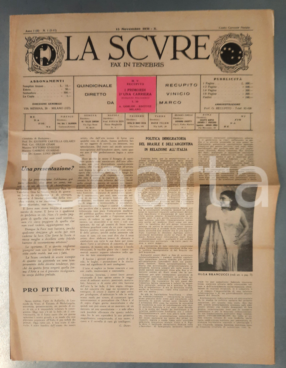 Giornale, rivista storica 1931 LA SCURE Politica immigratoria del Brasile e Argentina Anno I nÂ° 1 1