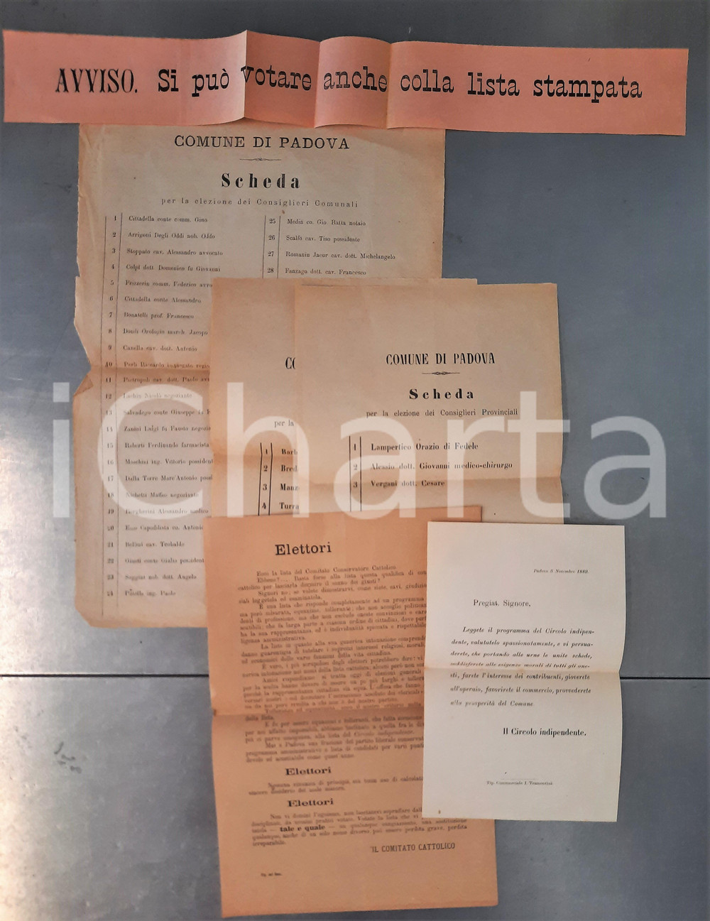 Documento originale, autentico 1889 Elezioni PADOVA  Lotto schede per elezione consiglieri + volantino 1