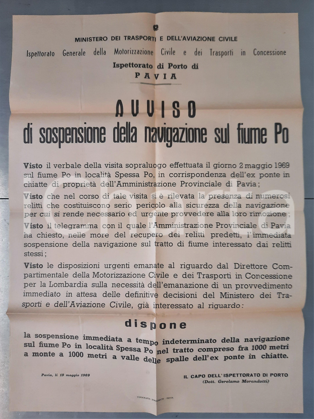 1969 PAVIA Ispettorato di Porto - Sospensione navigazione sul Po *Avviso 50x70