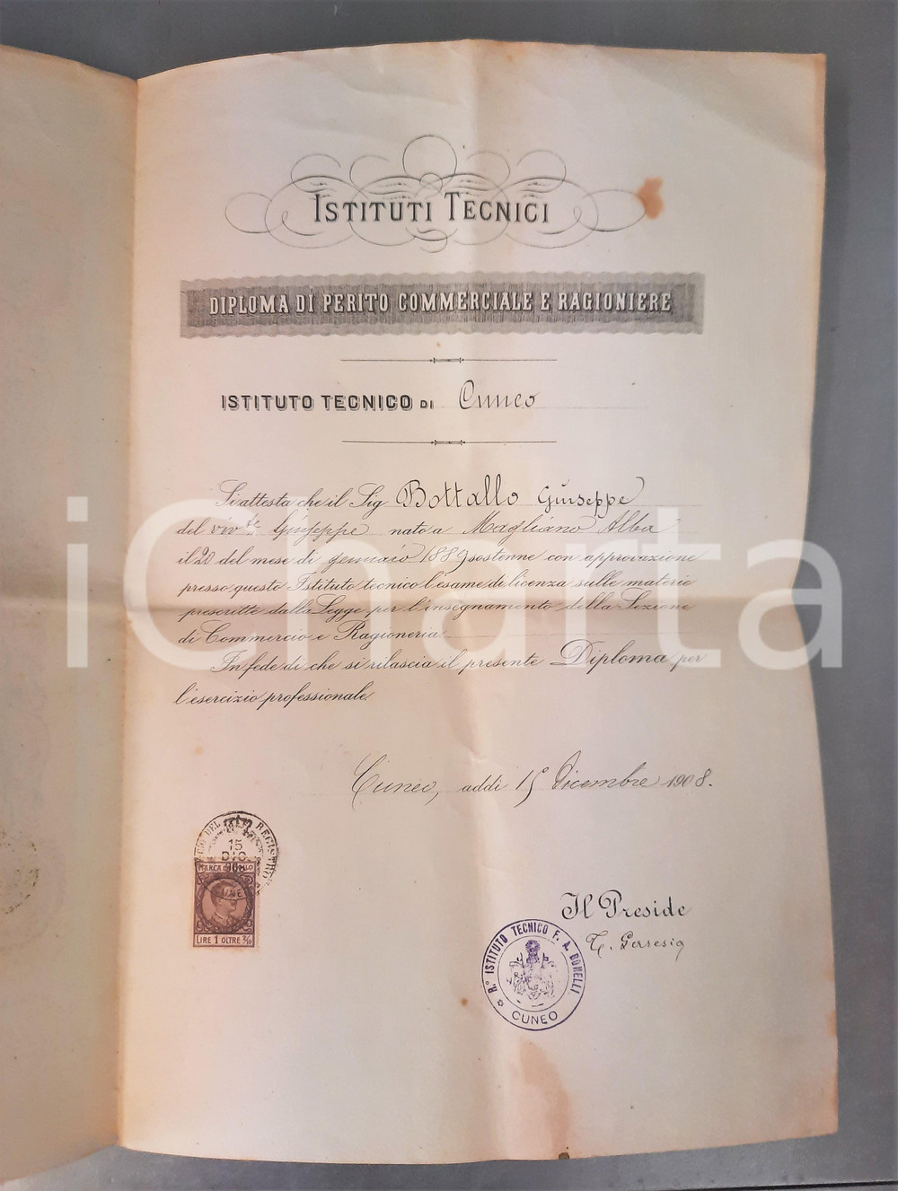 Oggetto da collezione cartaceo 1908 CUNEO Istituto Tecnico  Diploma Giuseppe BOTTALLO perito commerciale 1