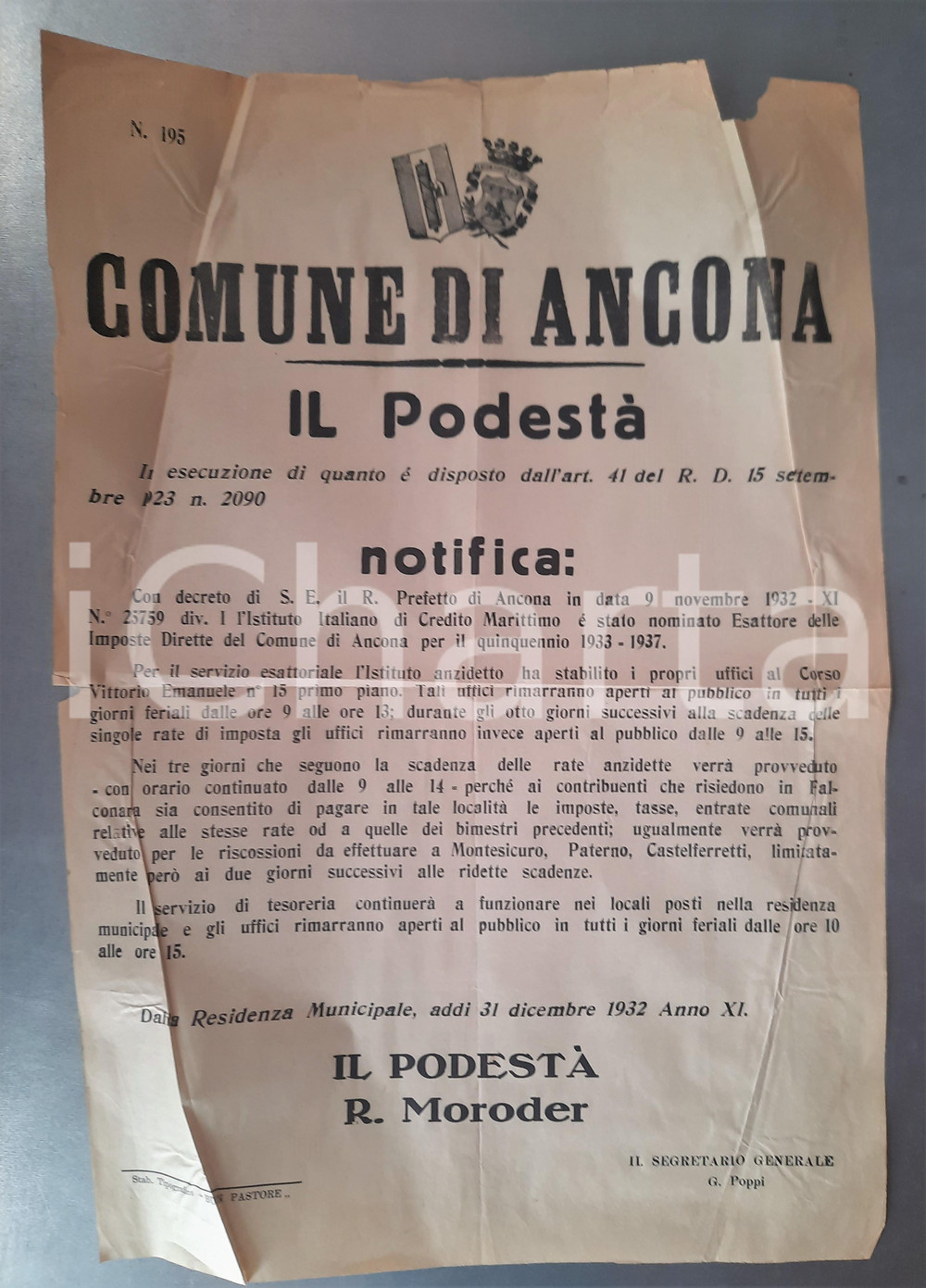 1932 ANCONA Nomina Istituto Italiano Credito Marittimo esattore *Manifesto 34x50