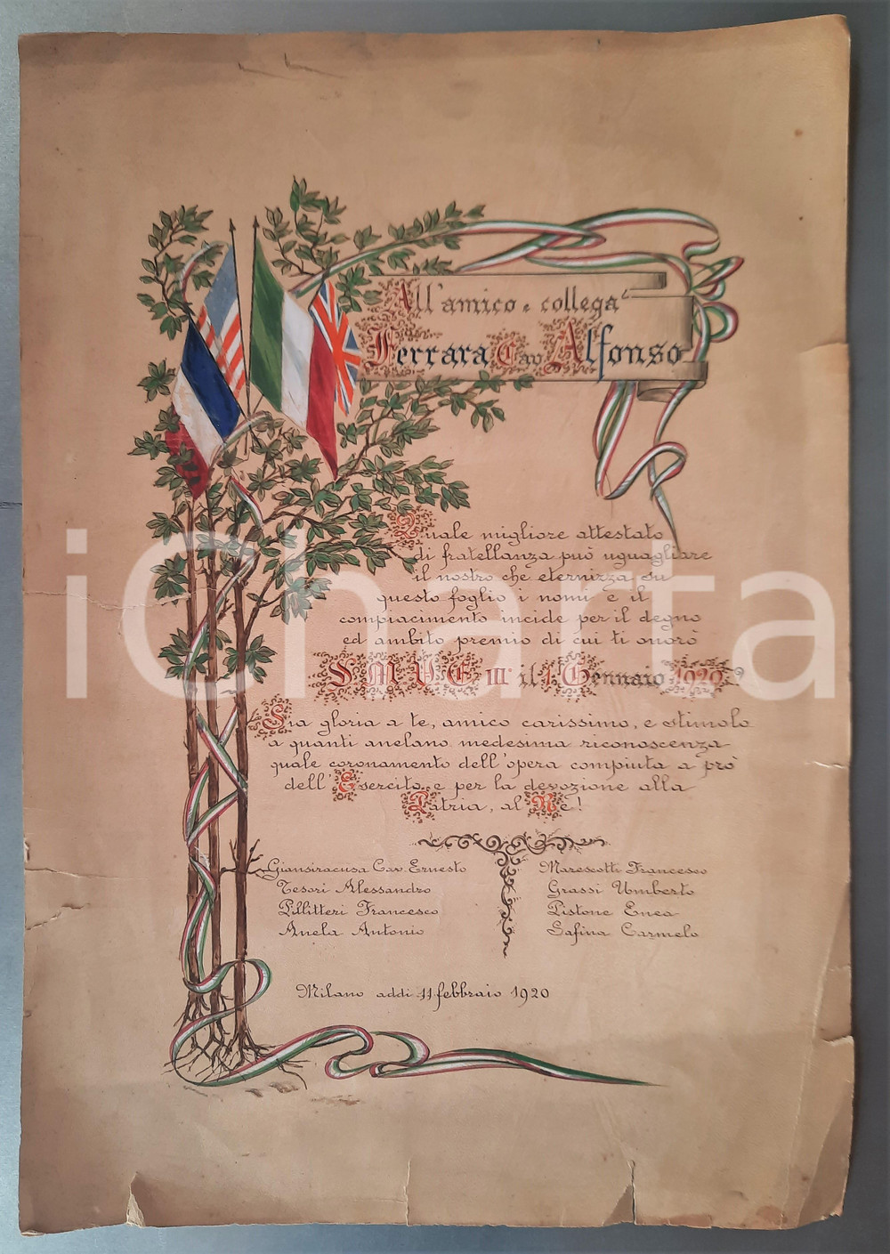 Documento originale, autentico 1920 MILANO All amico Alfonso FERRARA per onorificenza Manifesto 33x48 1