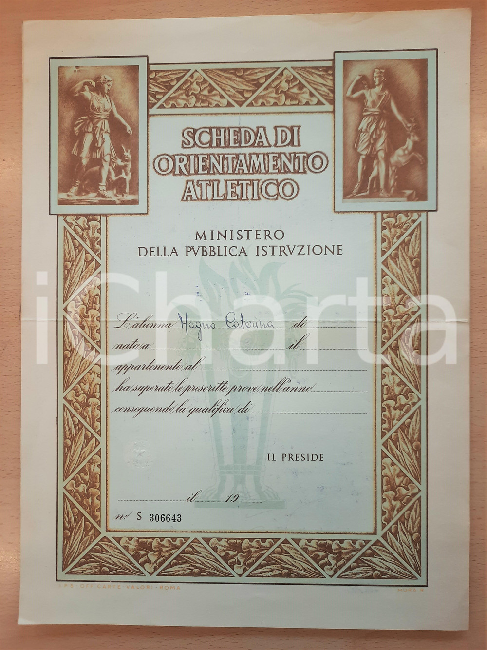 Oggetto da collezione cartaceo 1955 ca MINISTERO PUBBLICA ISTRUZIONE Scheda di Orientamento Atletico 1