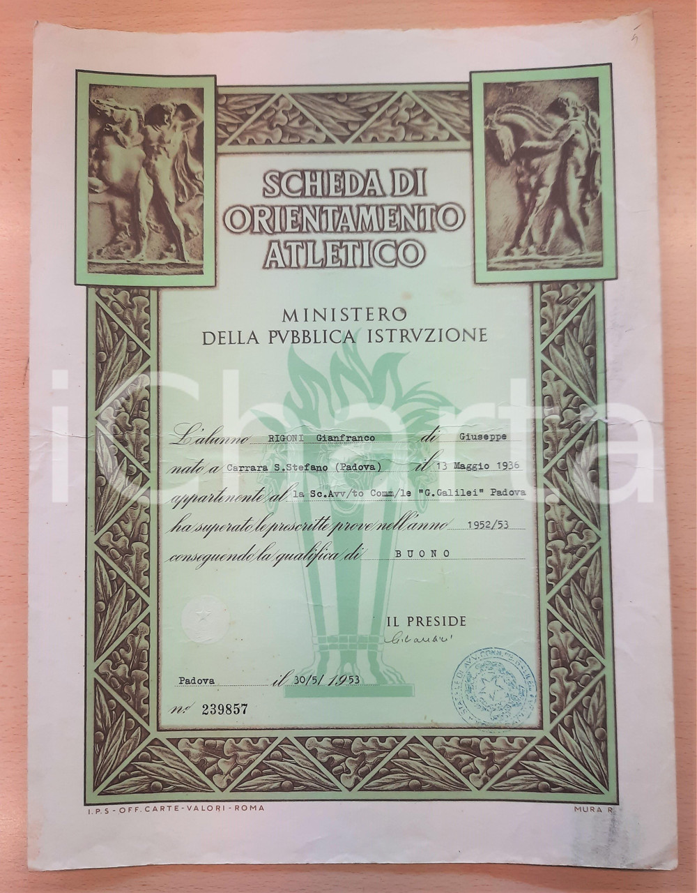 Oggetto da collezione cartaceo 1953 PADOVA MINISTERO PUBBLICA ISTRUZIONE Scheda di Orientamento Atletico 1