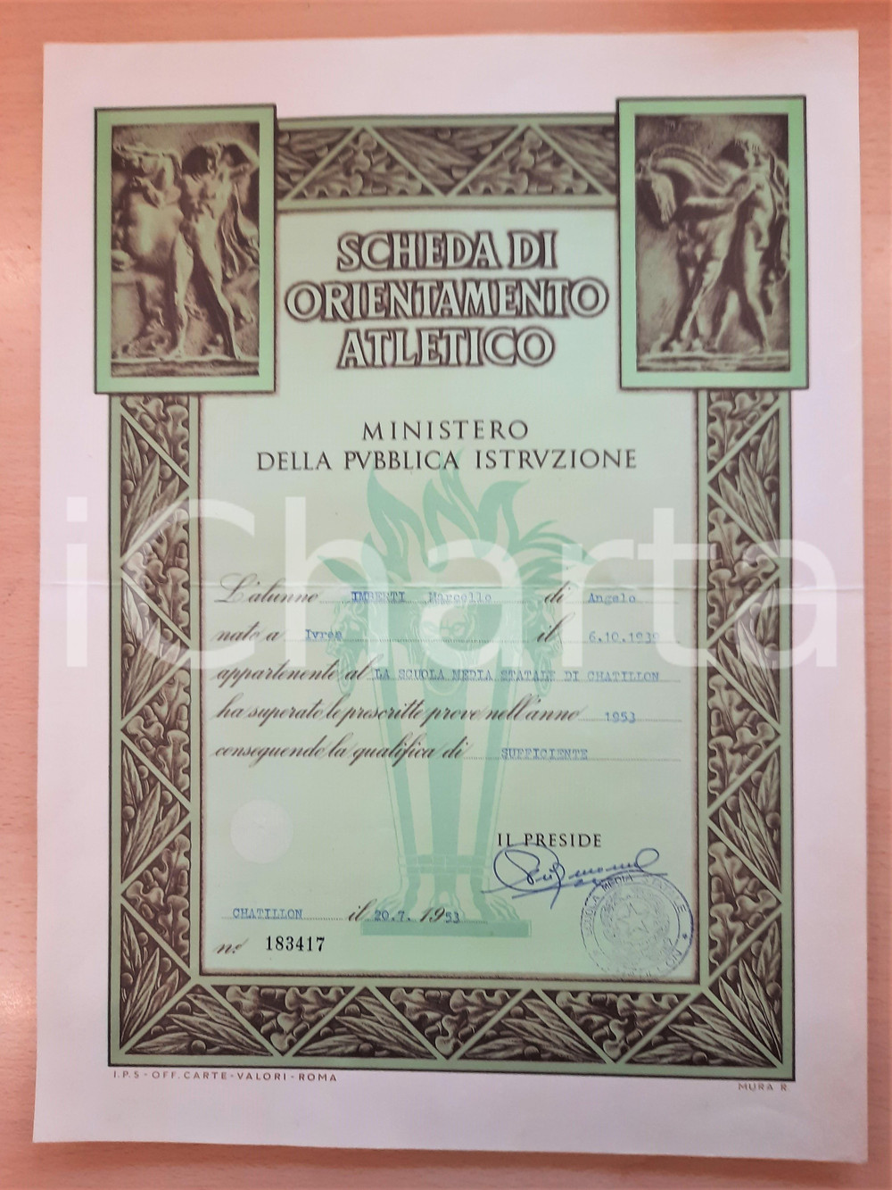 Oggetto da collezione cartaceo 1953 CHATILLON AO MINISTERO PUBBLICA ISTRUZIONE Scheda Orientamento Atletico 1