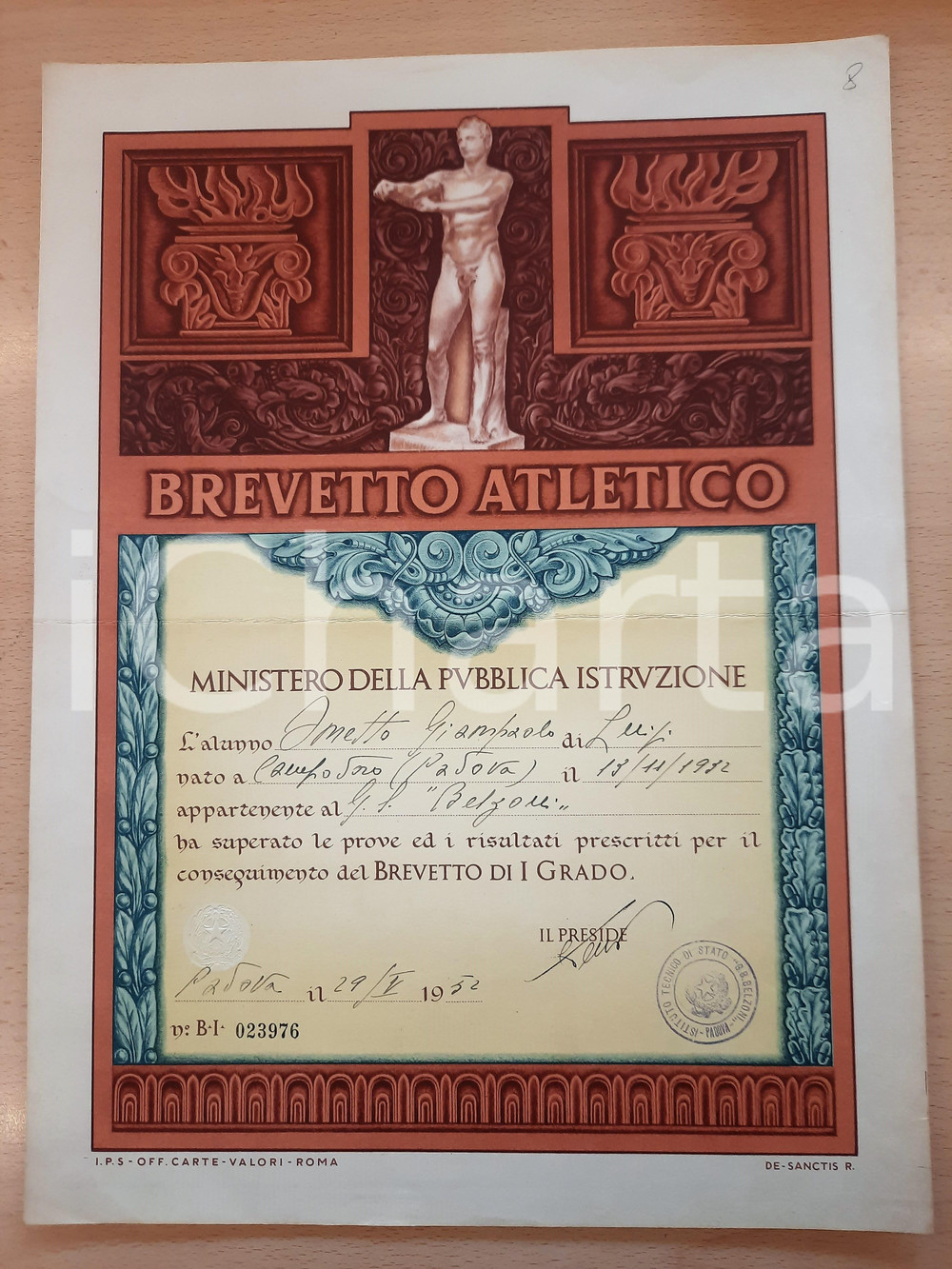 Oggetto da collezione cartaceo 1952 PADOVA MINISTERO PUBBLICA ISTRUZIONE Brevetto Atletico Giampaolo OMETTO 1