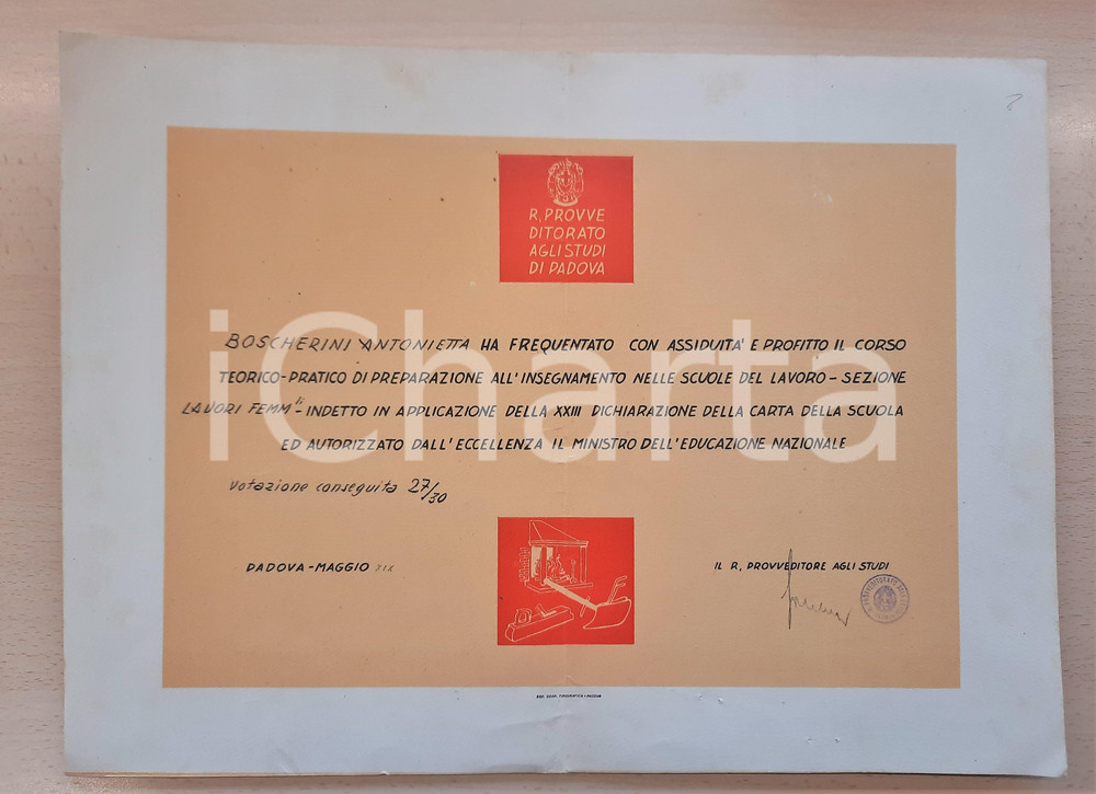 Oggetto da collezione cartaceo 1941 PADOVA Attestato Insegnamento Lavori Femminili  Antonietta BOSCHERINI 1