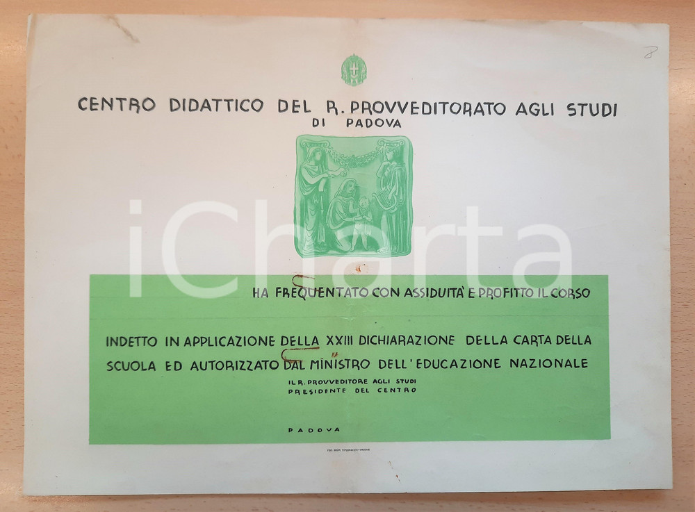 Oggetto da collezione cartaceo 1940 ca PADOVA Attestato Corso in Applicazione della Carta della Scuola 1