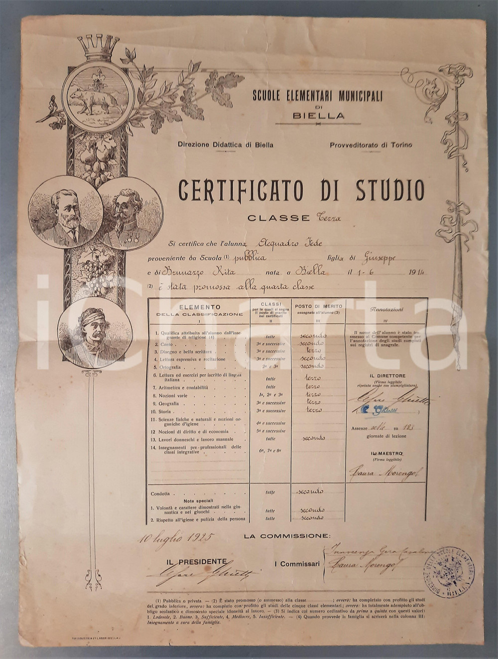 Oggetto da collezione cartaceo 1925 BIELLA Certificato di studio Fede ACQUADRO  Classe 3 elementare 1