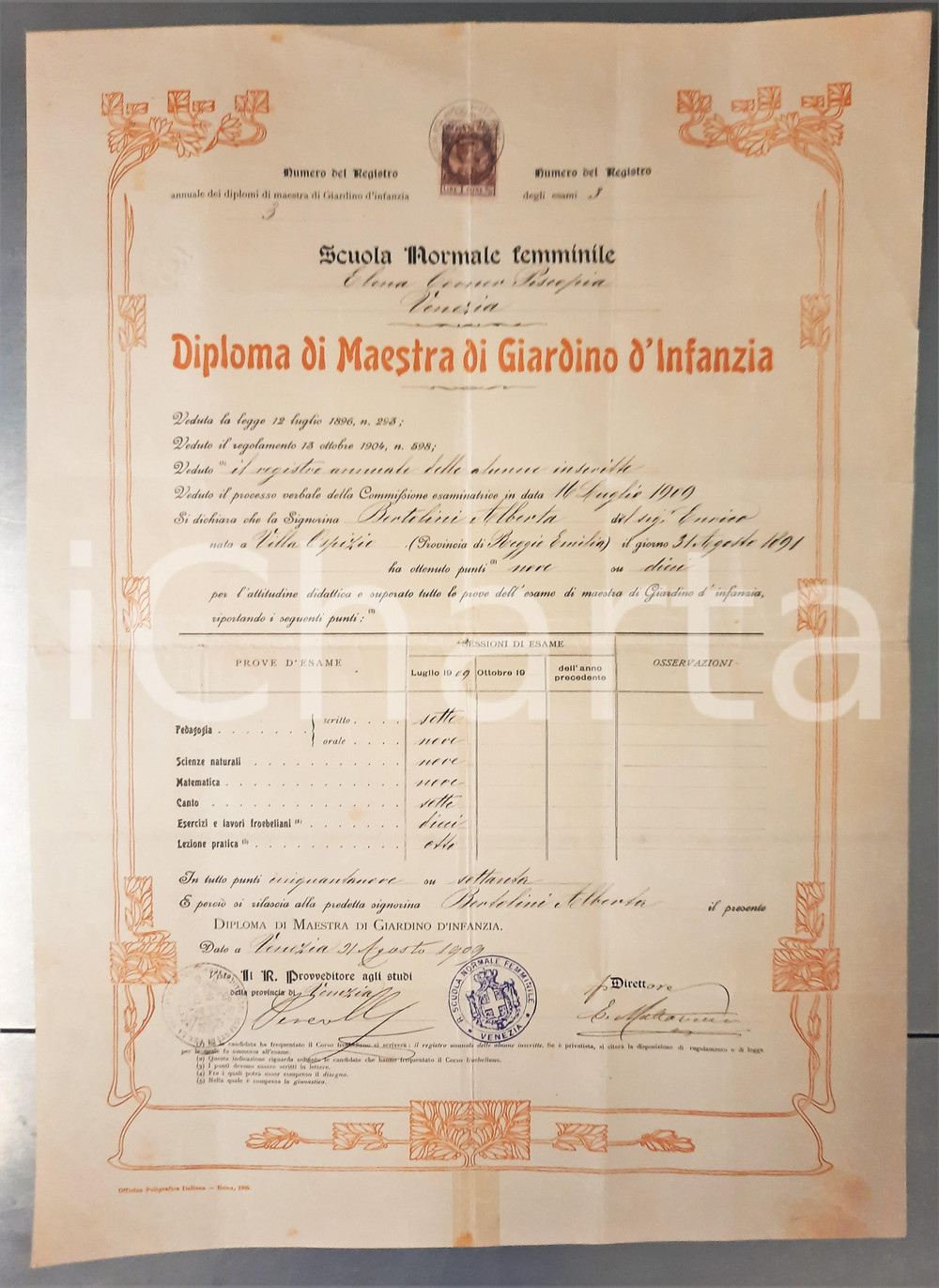 Documento originale, autentico 1909 VENEZIA Scuola Normale Femminile  Diploma maestra Alberta BERTOLINI 1