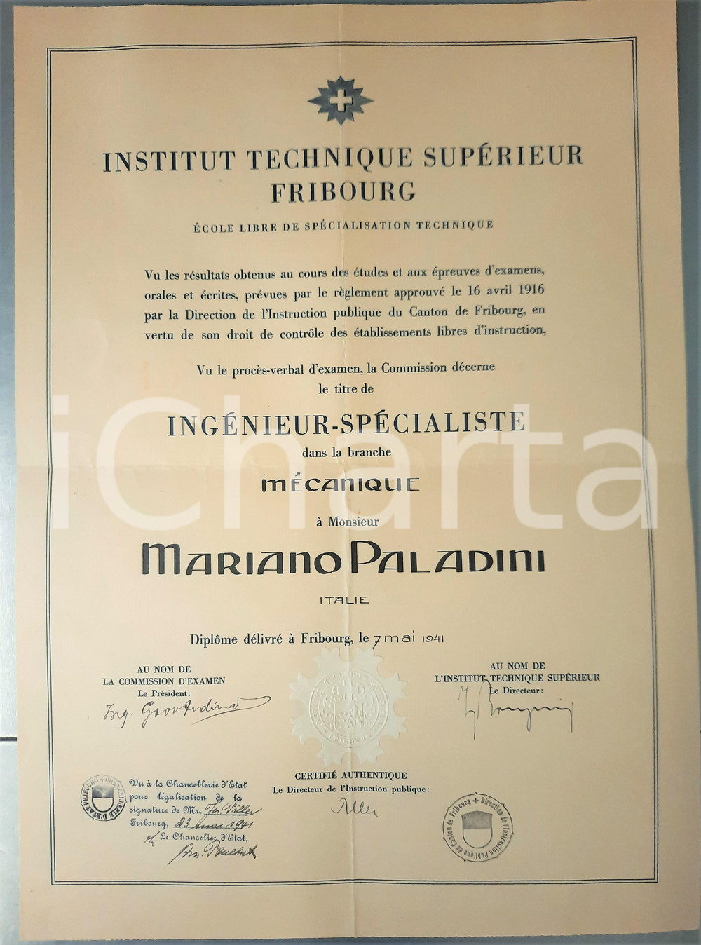 Documento originale, autentico 1941 FRIBOURG SUISSE Institut Technique SupÃ©rieur DiplÃ´me ingÃ©nieur mÃ©canique 1