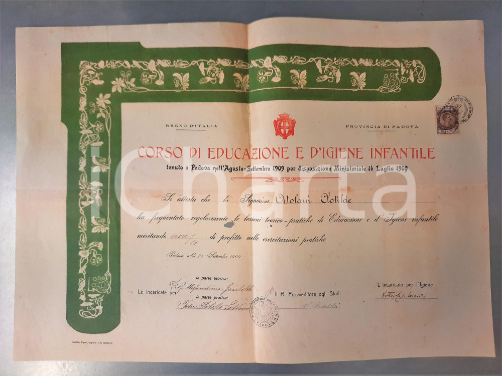 Documento originale, autentico 1909 PADOVA Corso Educazione e Igiene Infantile  Attestato Clotilde ORTOLANI 1