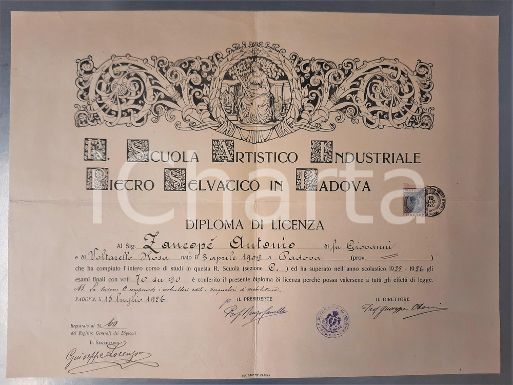 Oggetto da collezione cartaceo 1926 PADOVA Scuola ArtisticoIndustriale PIETRO SELVAGGIO  Diploma di Licenza 1