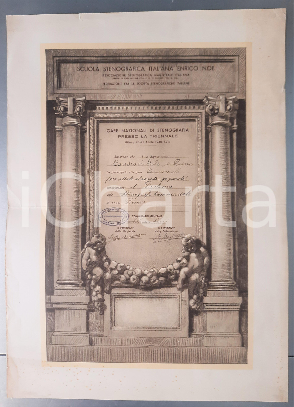 1940 MILANO TRIENNALE Gare STENOGRAFIA - Attestato Jole CANDIANI 35x48 cm