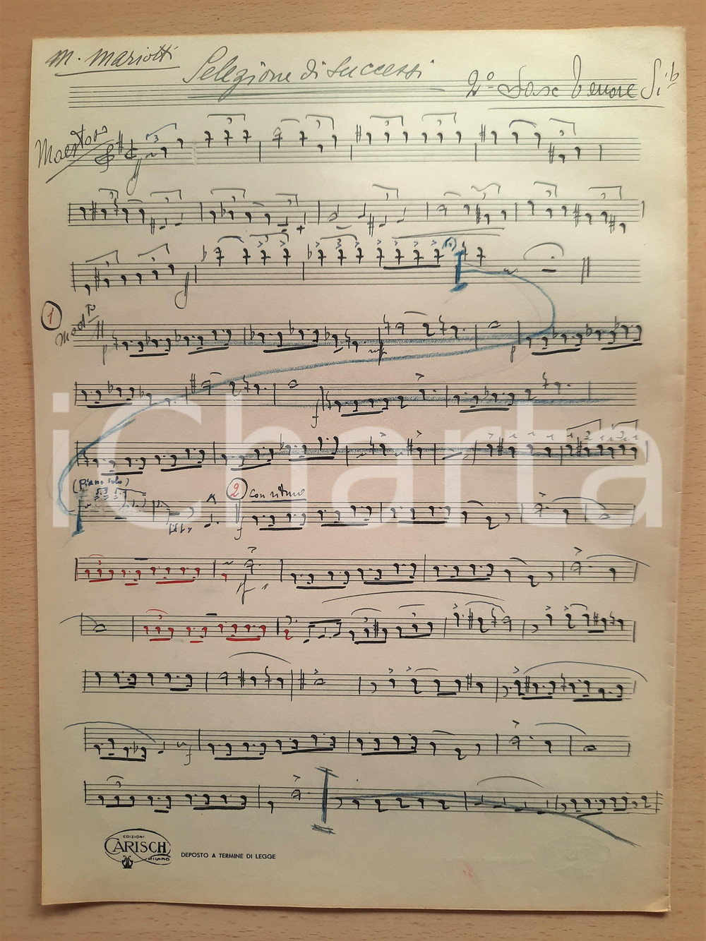 Oggetto da collezione cartaceo 1930 ca Mario MARIOTTI Selezione di successi  Spartito 2Â° sax tenore AUTOGRAFO 1
