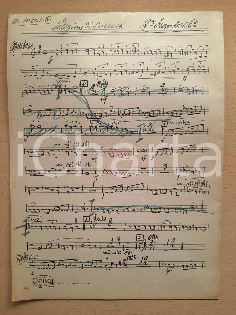 Oggetto da collezione cartaceo 1930 ca Mario MARIOTTI Selezione di successi  Spartito 2 tromba Sib AUTOGRAFO 1