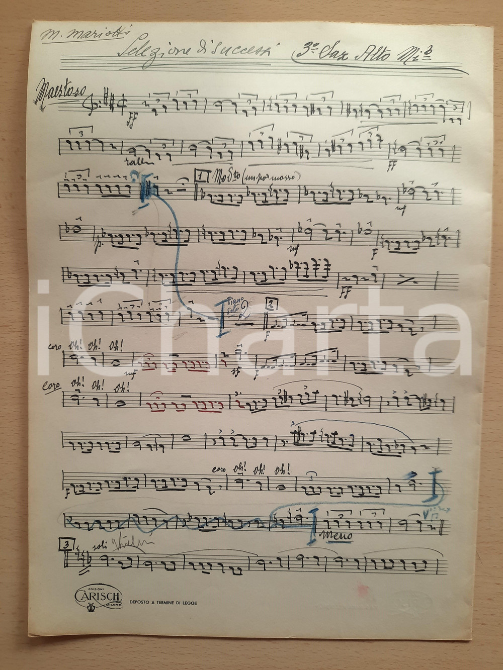 Oggetto da collezione cartaceo 1930 ca Mario MARIOTTI Selezione di successi  Spartito 3°sax alto Mib AUTOGRAFO 1