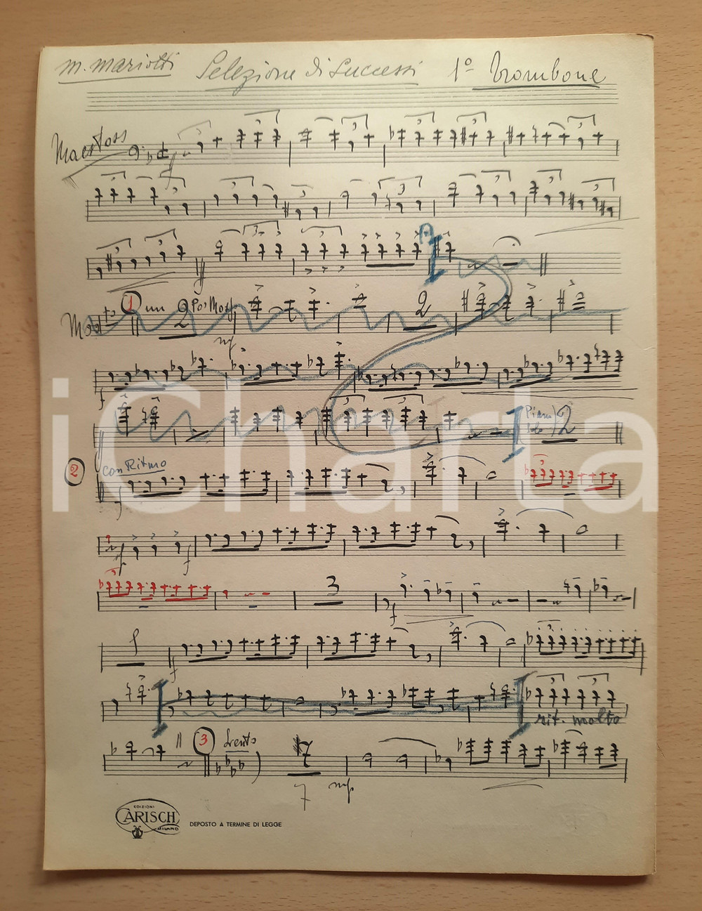 Oggetto da collezione cartaceo 1930 ca Mario MARIOTTI Selezione di successi  Spartito 1Â° trombone AUTOGRAFO 1