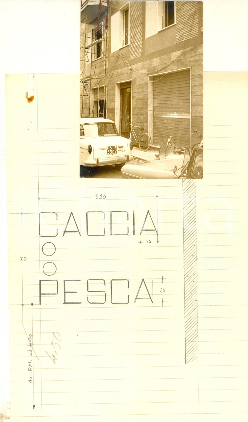 Stampa, bozzetto originale 1960 ca PESARO Via Bramante 35  Bozzetto insegna CACCIA E PESCA Con foto 1