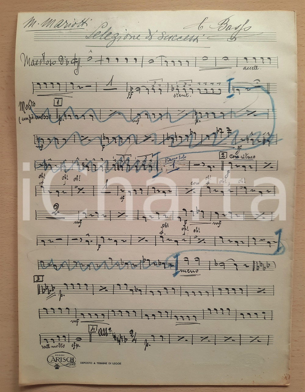 Oggetto da collezione cartaceo 1930 ca Mario MARIOTTI Selezione di successi  Spartito contrabbasso AUTOGRAFO 1