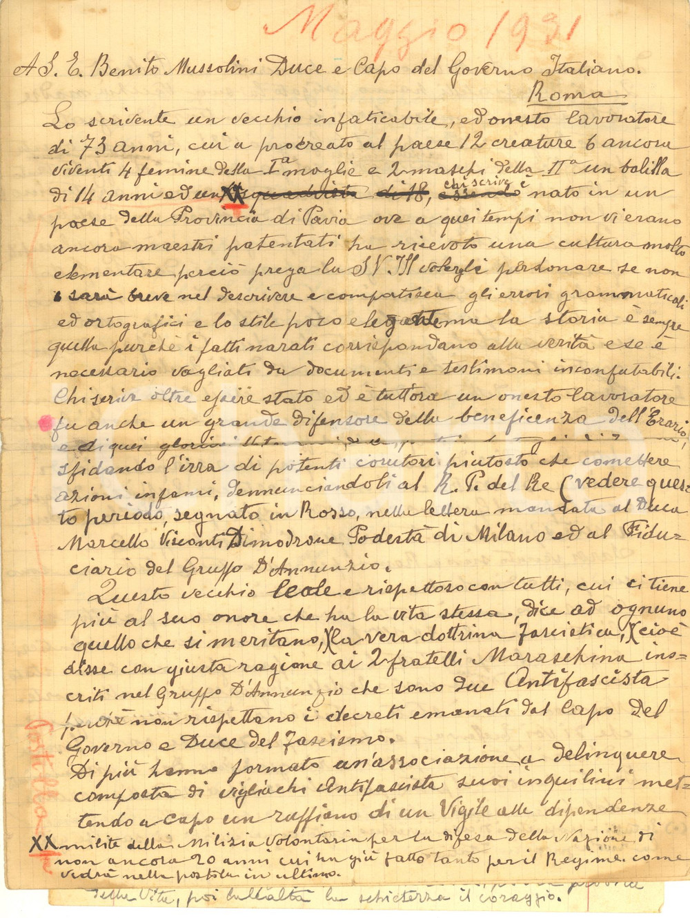 Manoscritto, lettera originale 1931 MILANO Gustavo CORIO sfrattato da antifascisti e vigile ruffiano Delazione 1