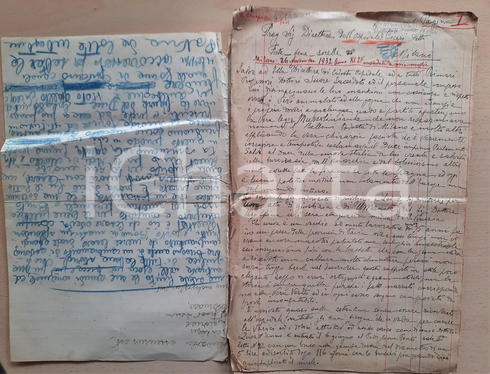 Manoscritto, lettera originale 1932 MILANO Gustavo CORIO  Vili dottori Ospedale Fatebenefratelli Delazione 1