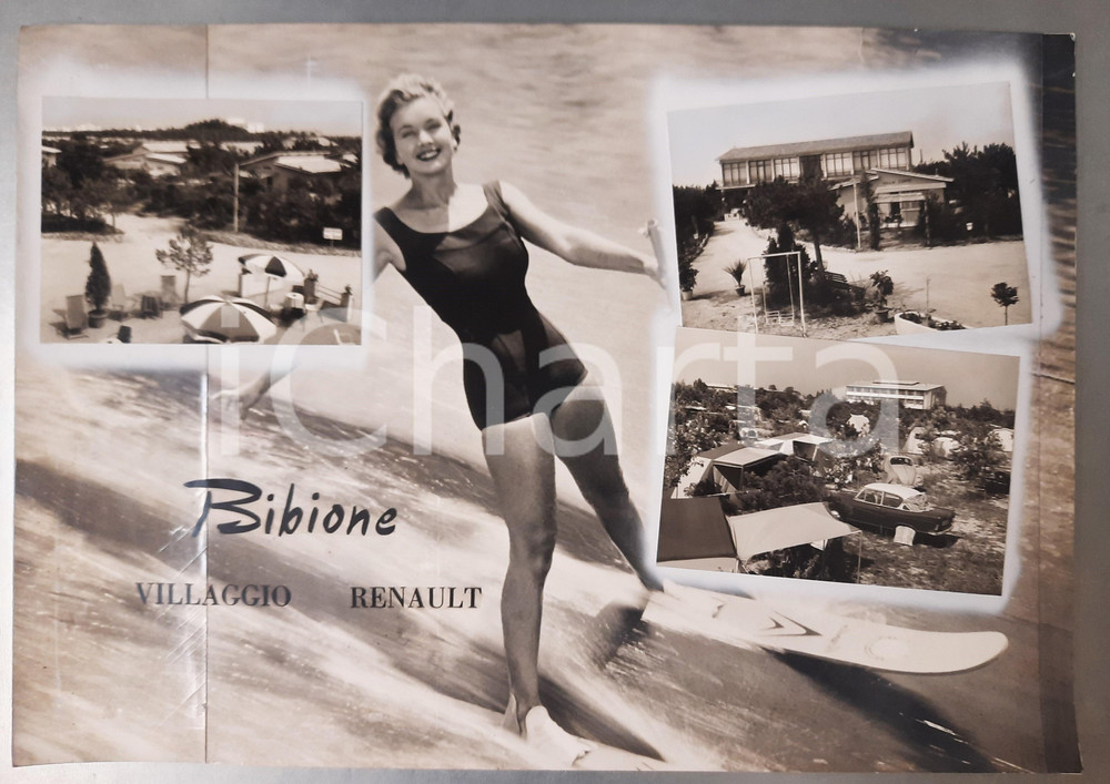 Stampa, bozzetto originale 1960 ca BIBIONE Villaggio RENAULT  Vedutine pinup  Bozzetto cartolina 45x31 1