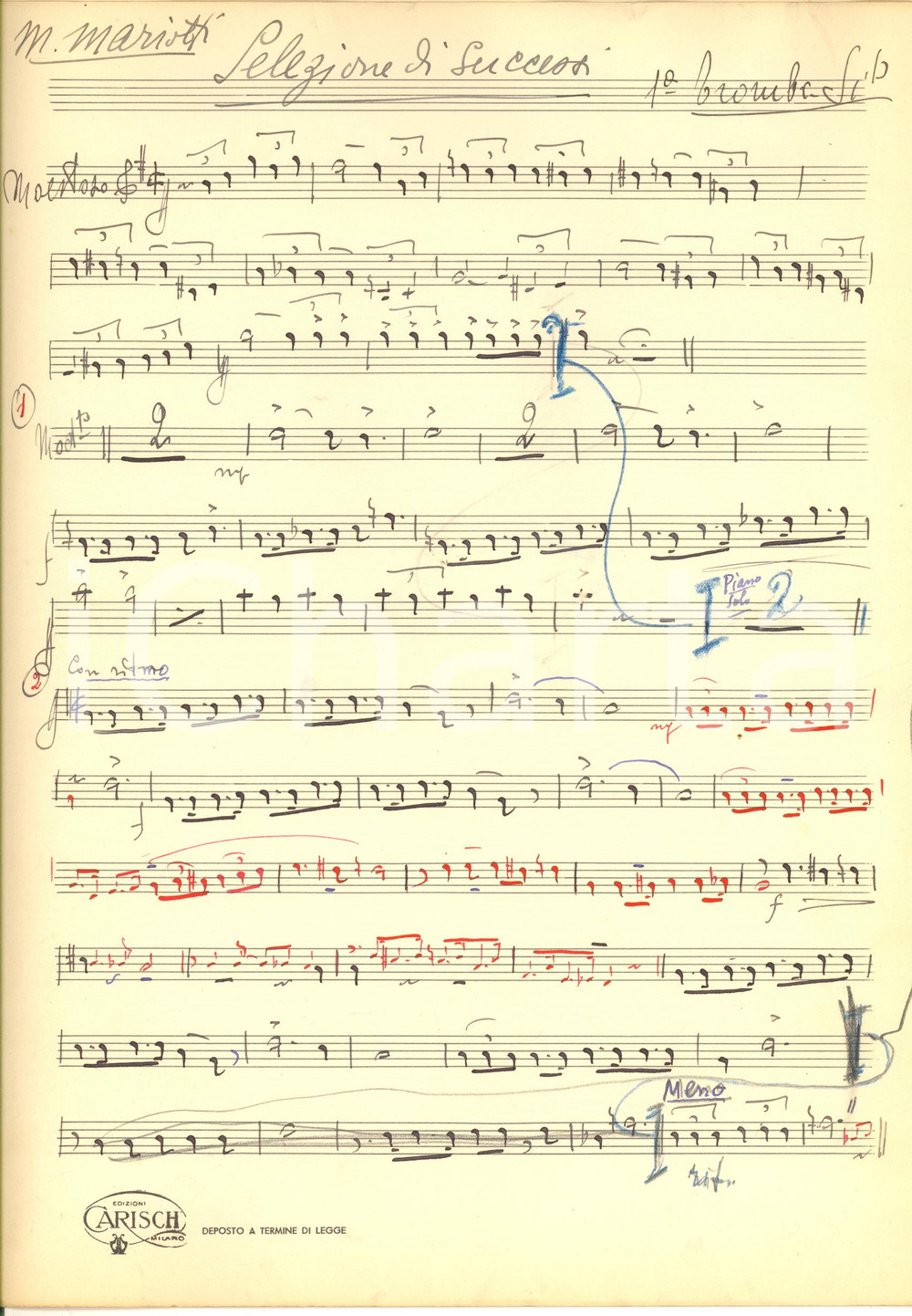 Oggetto da collezione cartaceo 1930 ca Mario MARIOTTI Selezione di successi  Spartito 1 tromba Sib AUTOGRAFO 1