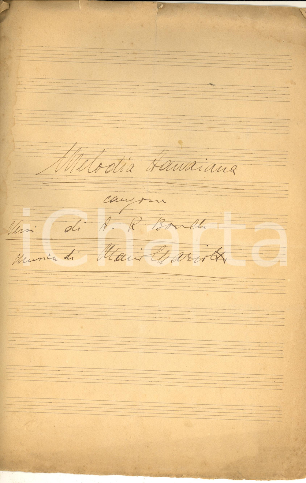 Oggetto da collezione cartaceo 1930 ca Mario MARIOTTI Melodia Hawaiana  Spartito AUTOGRAFO 1