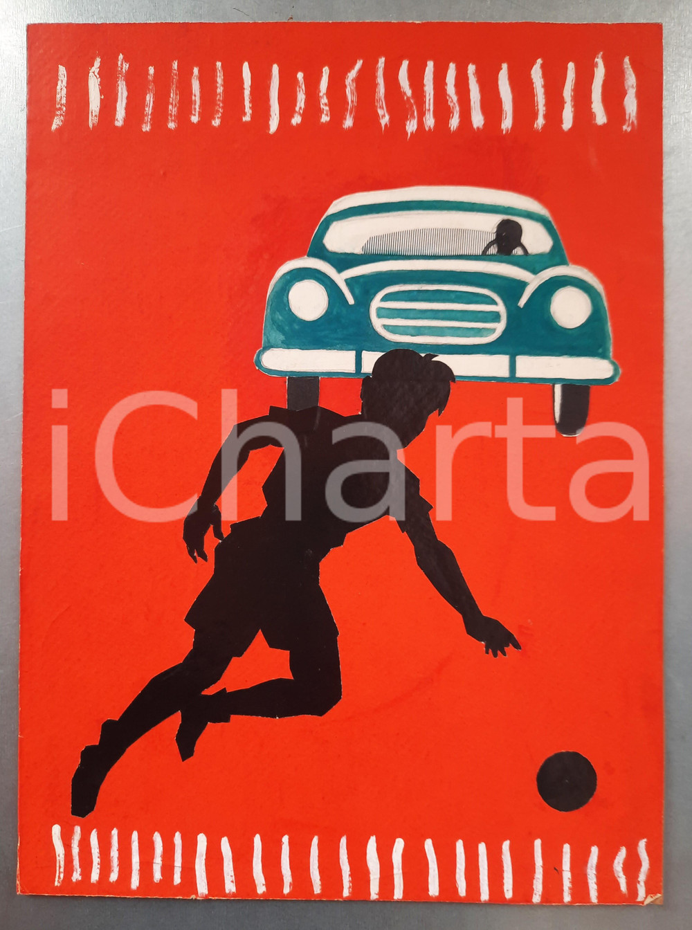 Stampa, bozzetto originale 1950 ca Andrea DISERTORI Calciatore con auto  Bozzetto per pubblicitÃ  Collage 1