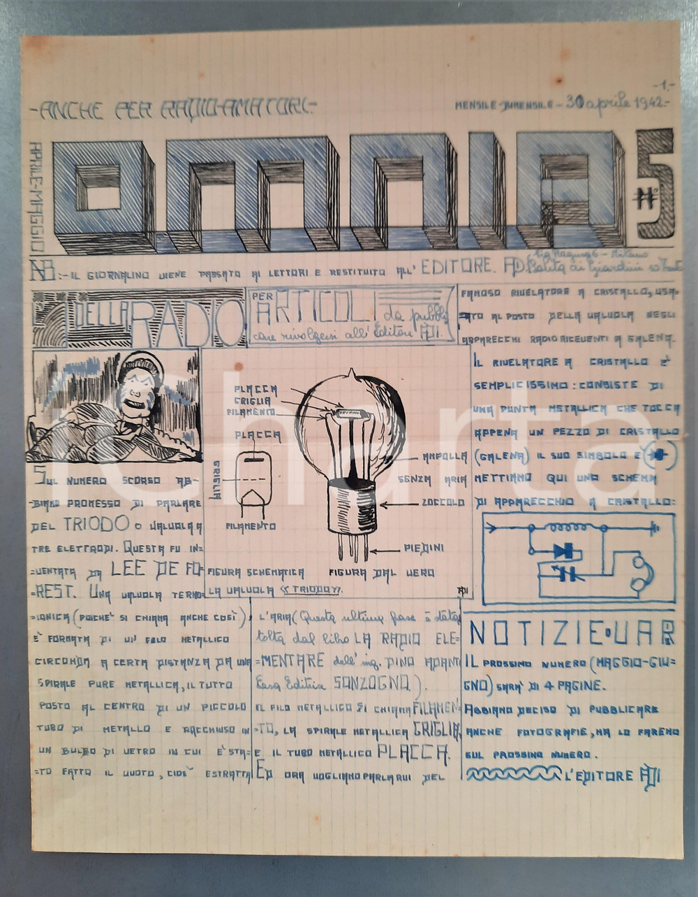 Giornale, rivista storica 1942 Andrea DISERTORI  Giornalino OMNIA  Radioamatori ILLUSTRATO A MANO 1