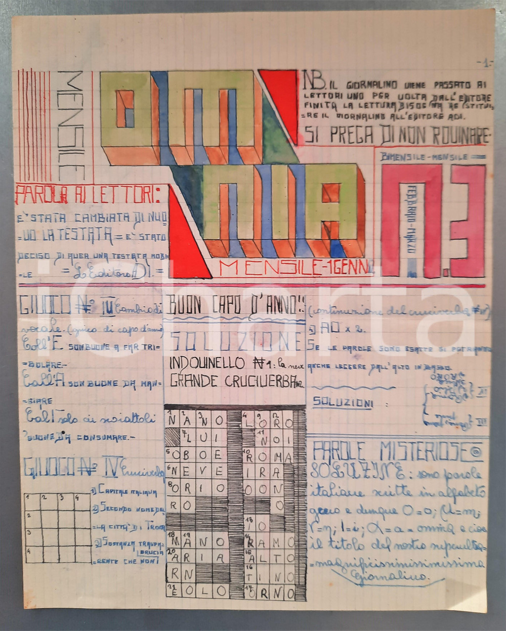 Giornale, rivista storica 1942 Andrea DISERTORI  Giornalino OMNIA Radio  Cruciverba ILLUSTRATO A MANO 1