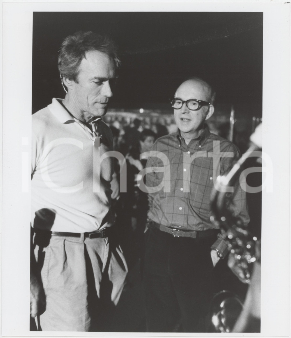 Fotografia d epoca originale 1988 CINEMA Bird  Clint EASTWOOD Lennie NIEHAUS sul set del film  Foto 20x23 1