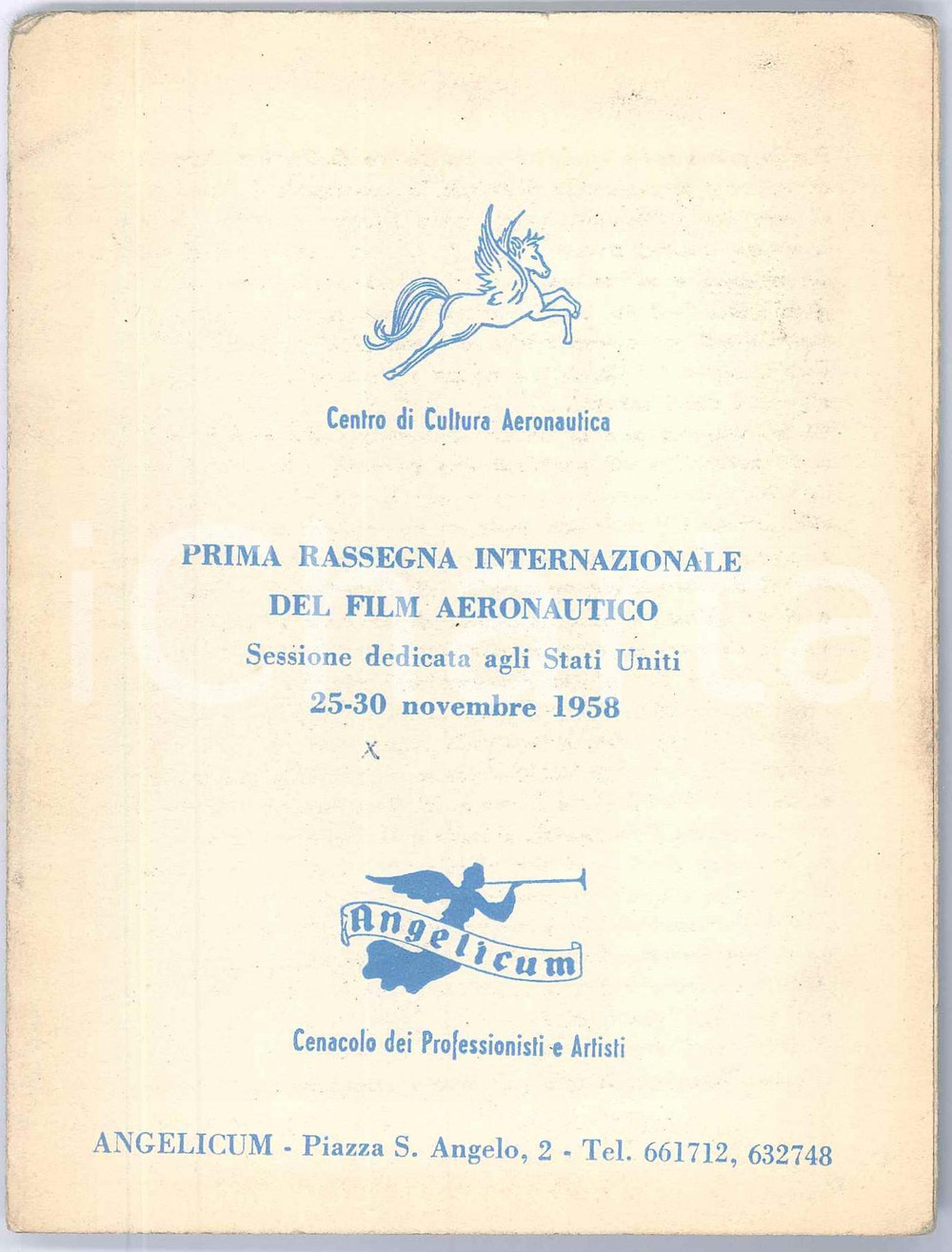 Materiale pubblicitario d’epoca 1958 MILANO Associazione ANGELICUM Prima rassegna Film Aeronautico Pieghevole 1