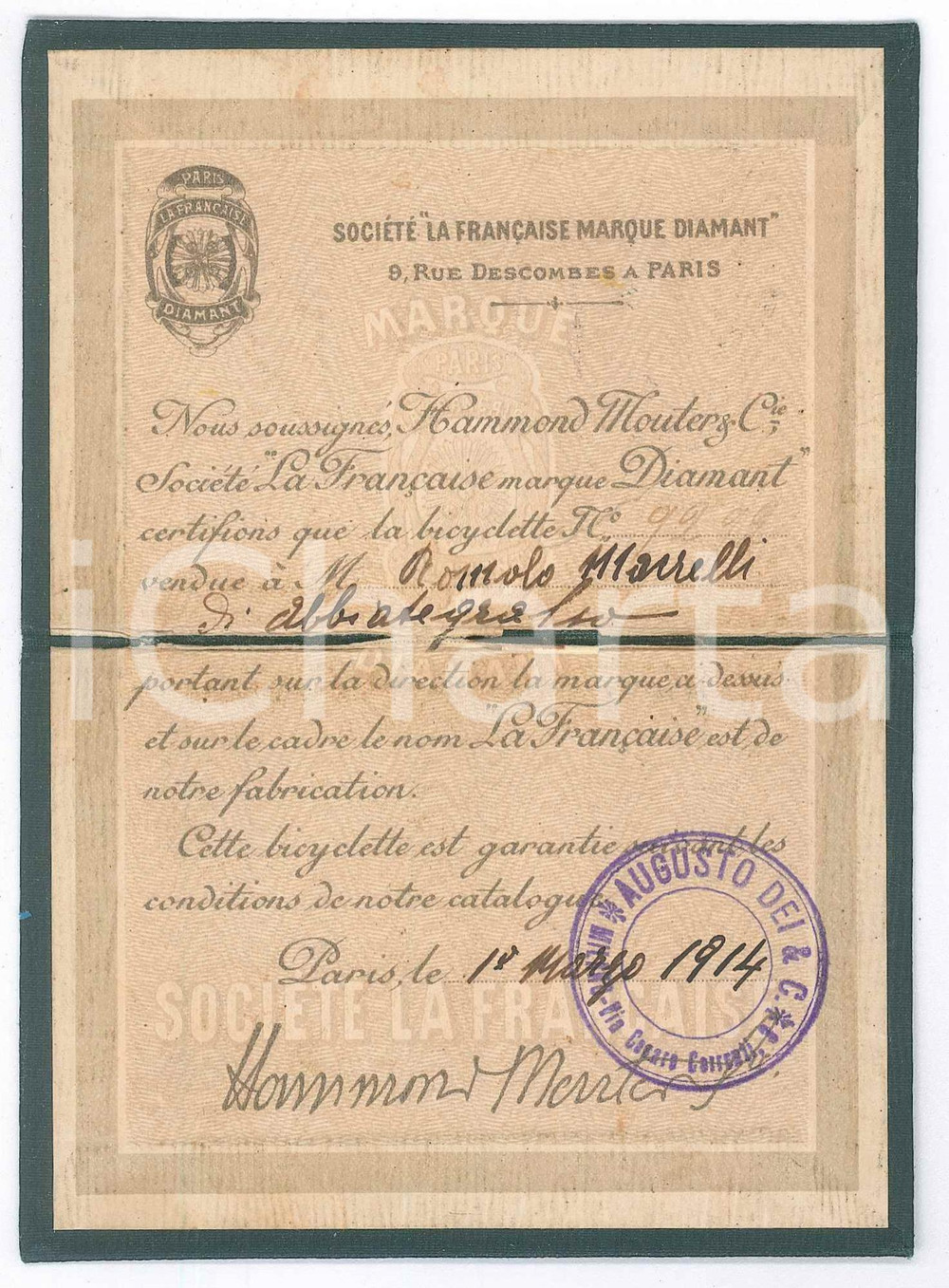 1914 PARIS Sociéte "La Francaise marque diamant" Certificat garantie bicyclette