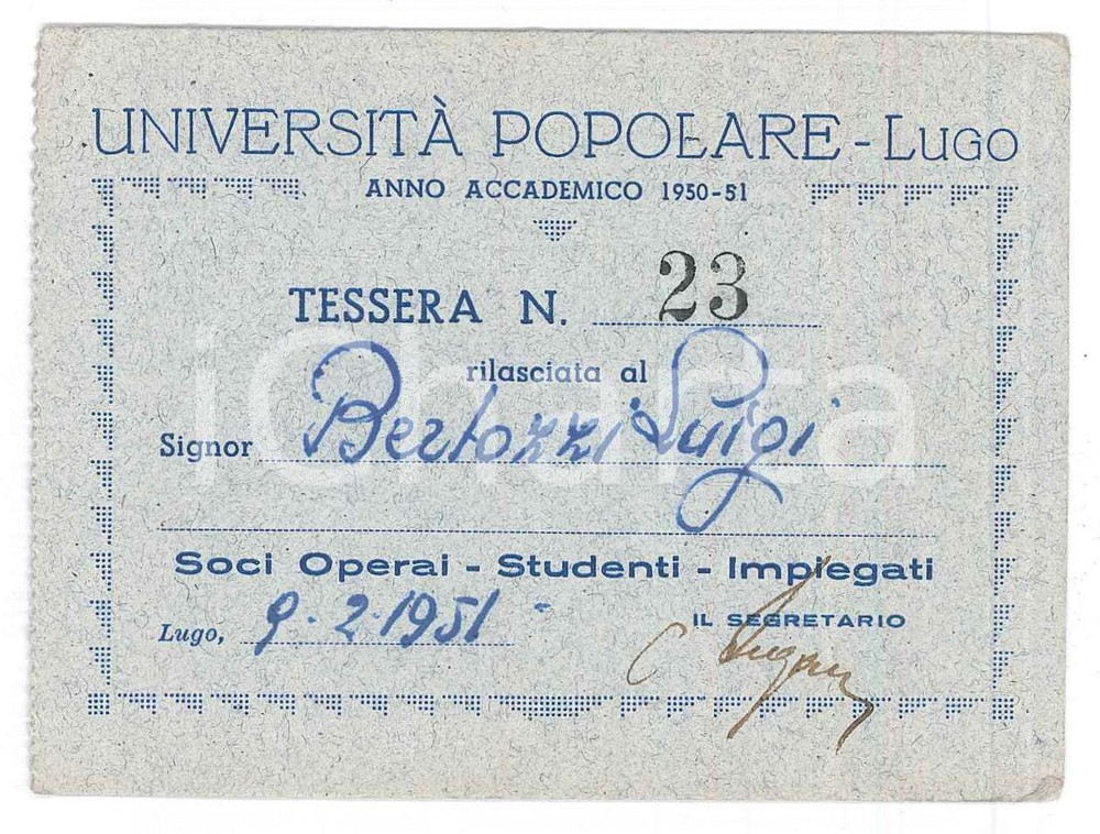Oggetto da collezione cartaceo 1951 LUGO UniversitÃ  popolare  Tessera 10x7 cm 1