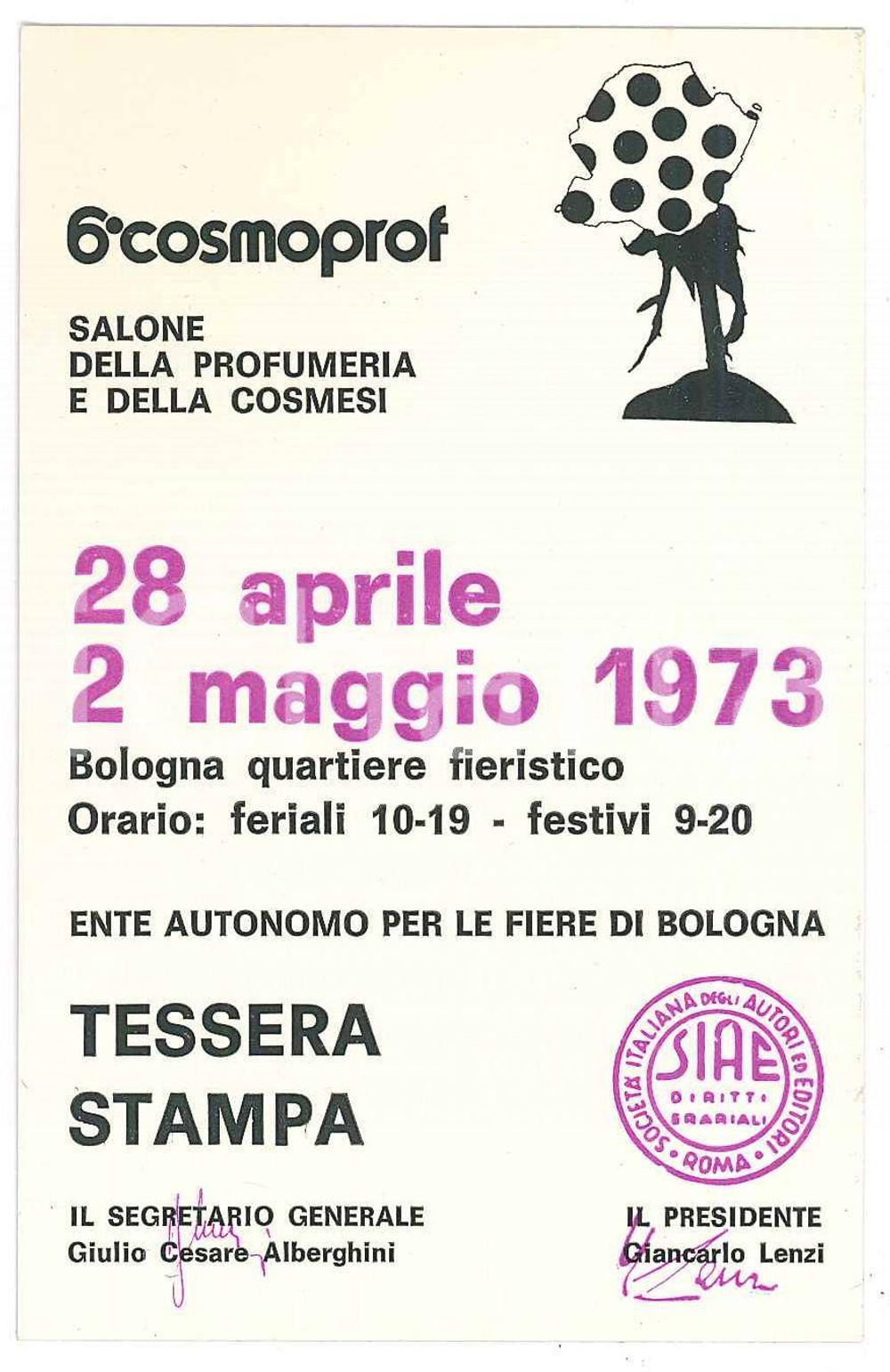Oggetto da collezione cartaceo 1973 BOLOGNA  COSMOPROF Fiera profumeria e cosmesi  Tessera stampa 7x11 cm 1