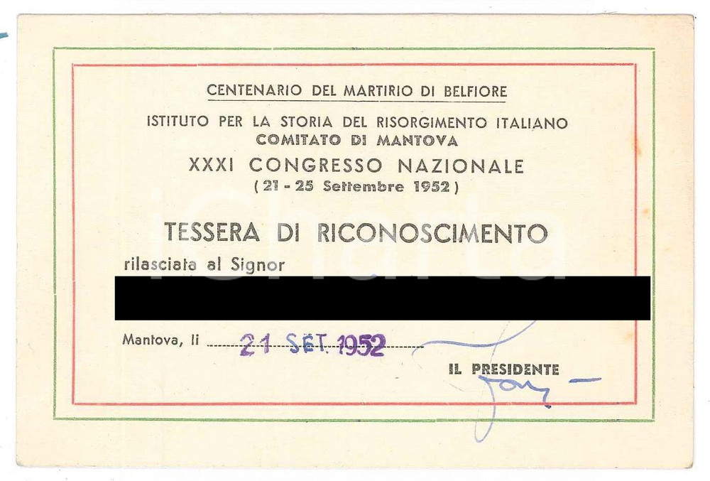Oggetto da collezione cartaceo 1952 MANTOVA Centenario Martirio di Belfiore XXXI Congresso nazionale  Tessera 1